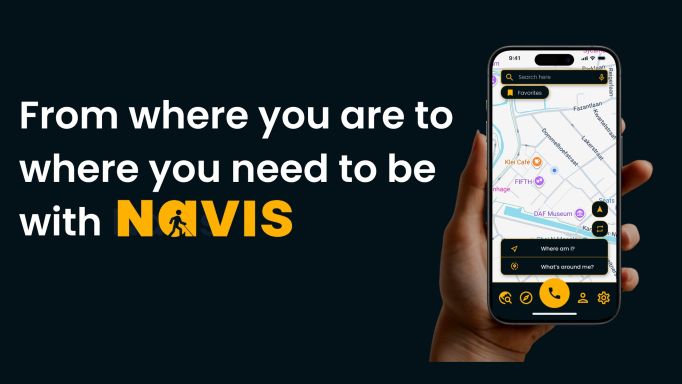 Navis' tagline - 'From where you are to where you need to be with Navis' next to a photo of a woman's hand holding a smartphone showing a screen with the Navis app including a map and several options.